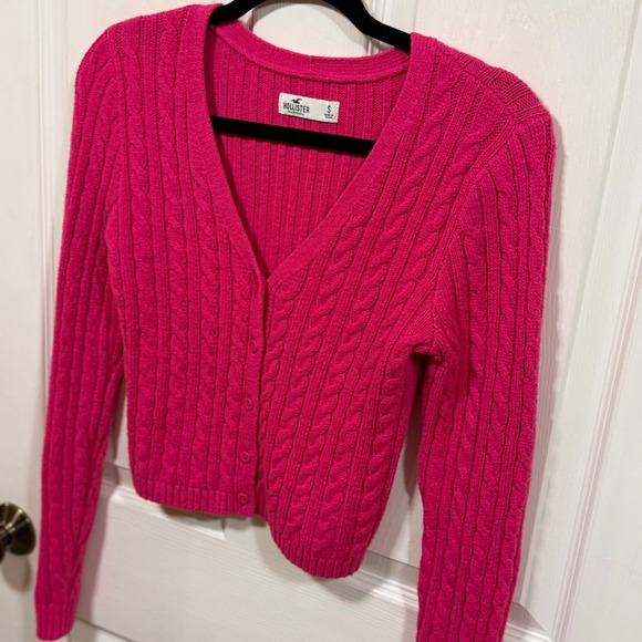 Hollister Hot Pink Cable Knit Cropped V-Neck Cardigan Sweater Womens Small - Picture 8 of 14